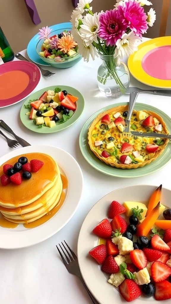 Delicious Brunch Ideas for Home A brunch spread with pancakes, quiche, and fruit salad on a colorful table.